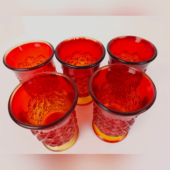 Amberina Daisy Button Glasses Set Of 5 Red Orange Art Glass 3.75 " Tall Vintage - Picture 16 of 16